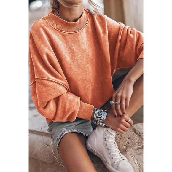 Azura Exchange  Orange Drop Shoulder Crew Neck Pullover Sweatshirt - Picture 3 of 5